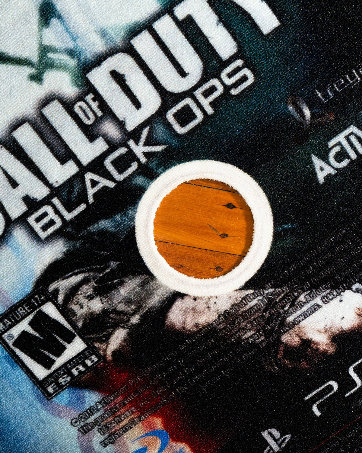 Black Ops disc rug close up on the printed surface