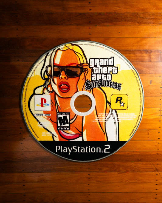San Andreas disc rug laid out on a floor